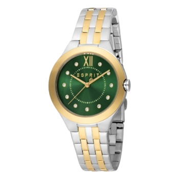 Esprit Women's Two-Tone Silver & Gold Watch with Dark Green Dial – Model ES1L264M1095